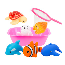 6入海洋動物洗澡玩具啾啾+水盆(海龜版)(ST安全漆讓您買的安心)