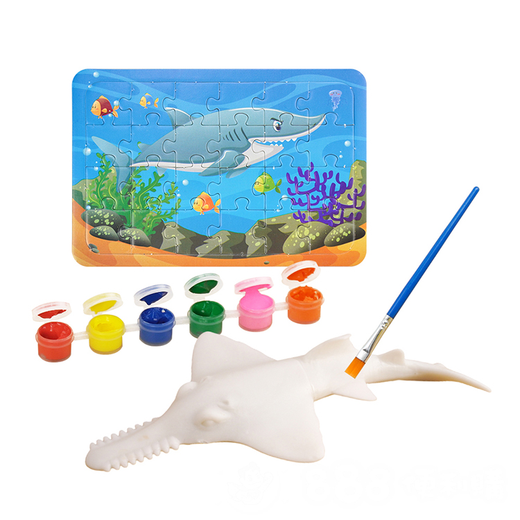 DIY彩繪上色海洋動物模型+拼圖(附顏料筆刷調色盤)(隨機)(3入裝)